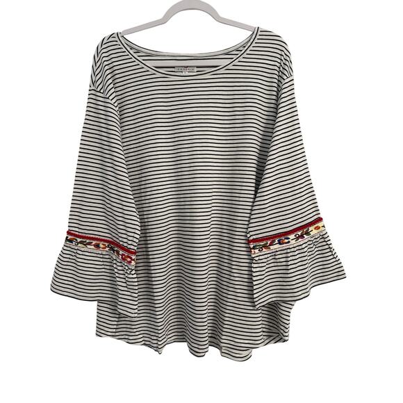 OSO Casuals NWOT Coastal Nautical Stripe Boho Embroidered Floral Bell Sleeve 3X - Picture 1 of 7
